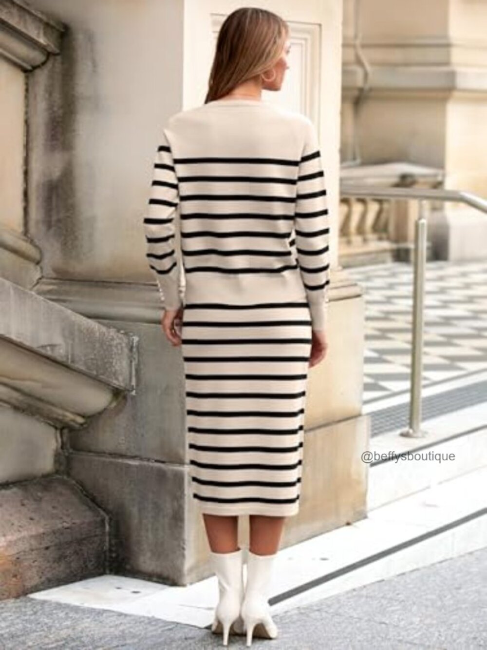Striped Knit 2 Piece Skirt Set Long Sleeve Pullover Midi Skirt Casual - Picture 5 of 6